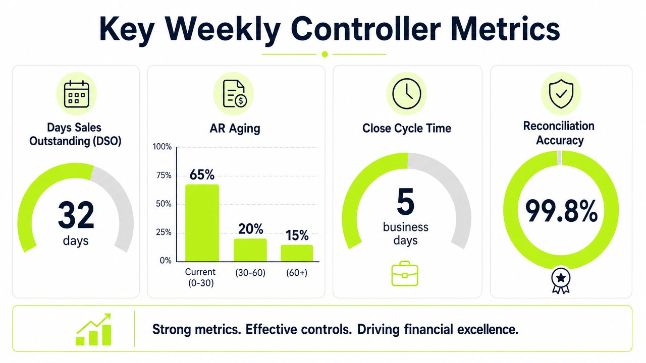 An infographic titled Key Weekly Controller Metrics showcasing DSO, AR Aging, Close Cycle Time, and Reconciliation Accuracy.