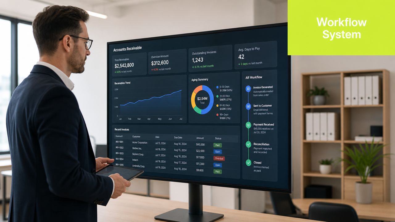 A professional man reviewing accounts receivable financial data and workflow progress on a large office display monitor.