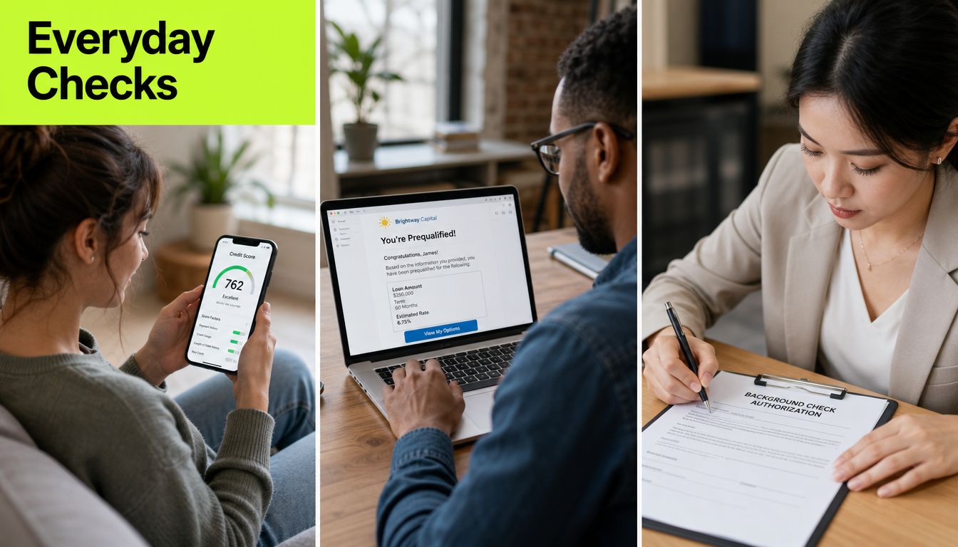 A triptych showing a woman checking her credit score, a man viewing loan options, and a woman signing paperwork.