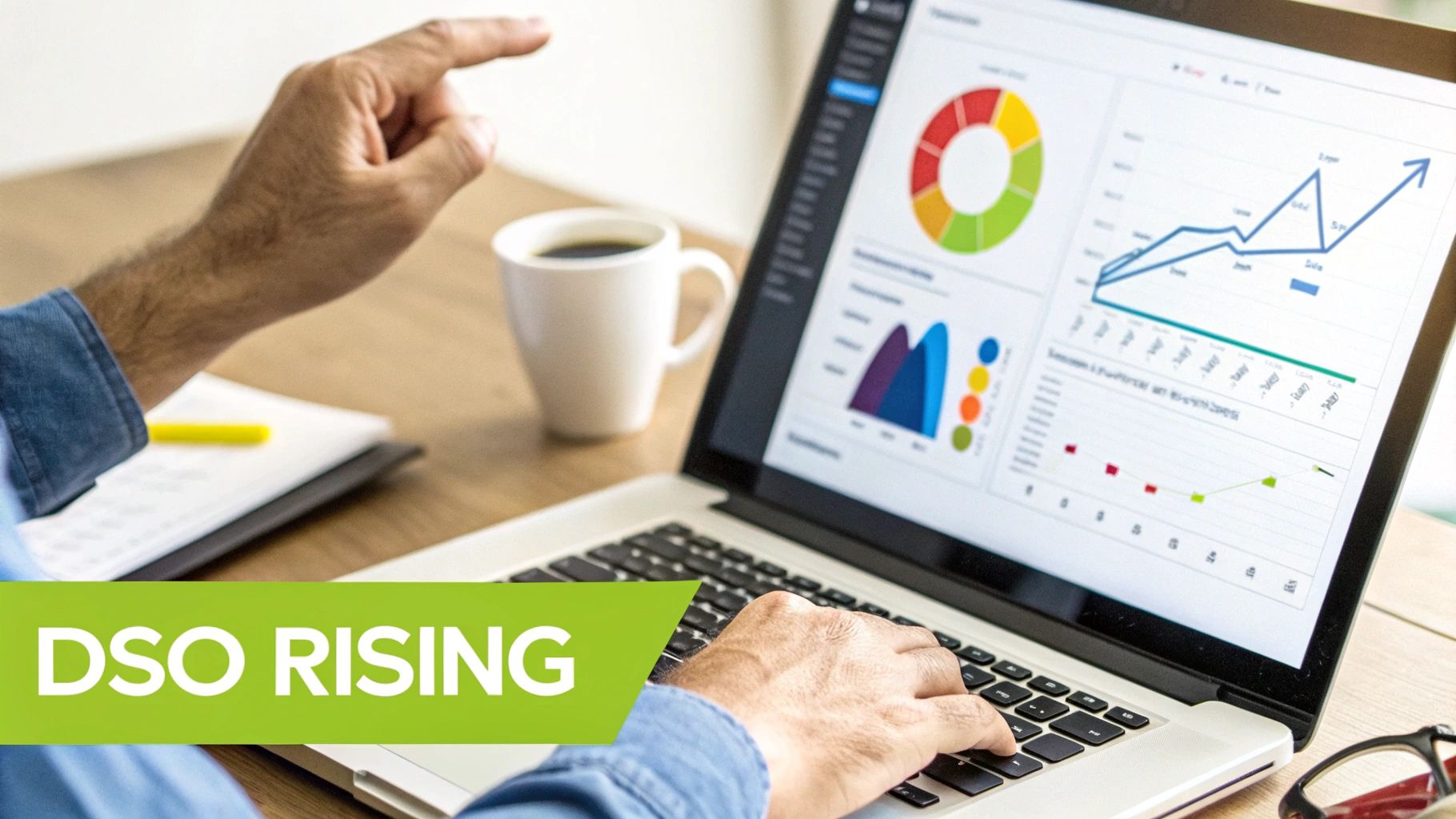 Person analyzing financial data and charts on a laptop screen with a cup of coffee.