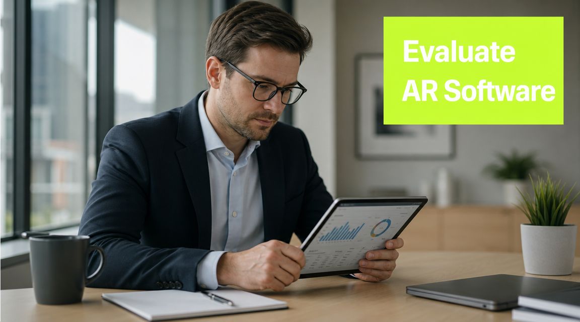 A professional man in a suit reviewing business data on a tablet at his modern desk.