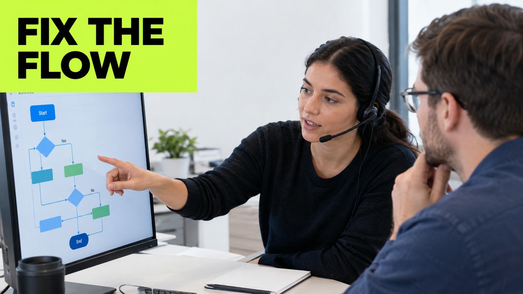 A professional customer service representative explaining a workflow diagram to a colleague on a computer screen.