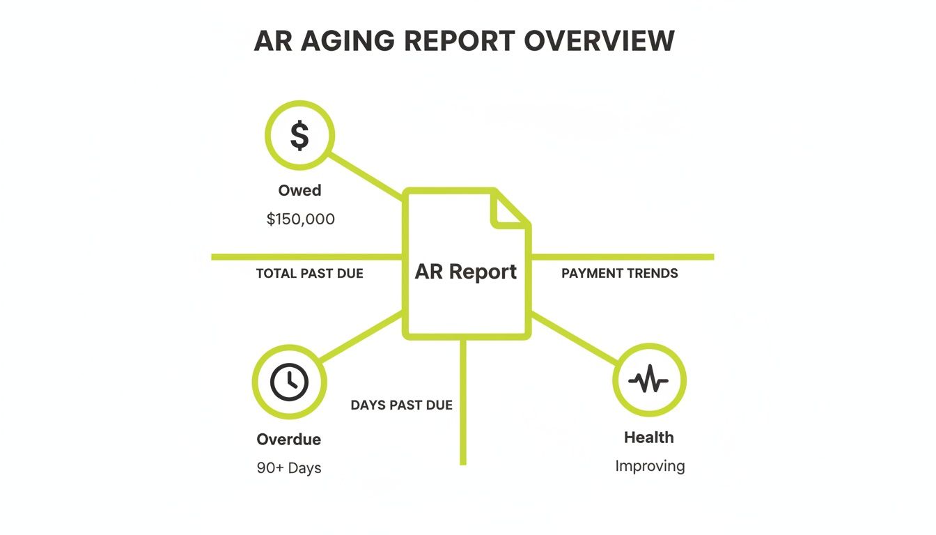 An overview diagram of an AR Aging Report showing total owed, overdue days, and payment trends.