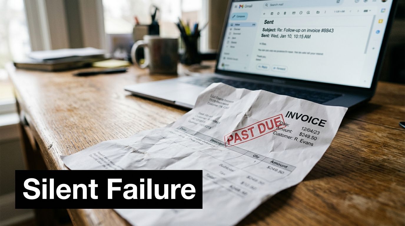 A crumpled past due invoice sitting on a wooden desk with an open laptop in the background.