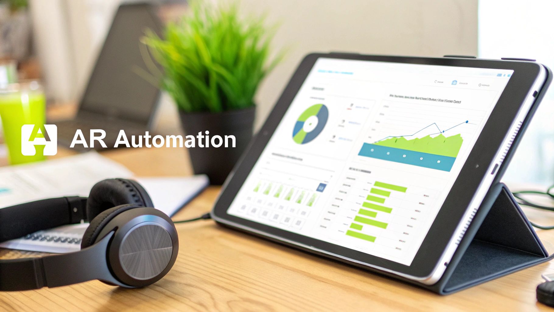 A tablet displaying AR Automation data analytics and charts on a desk with headphones.