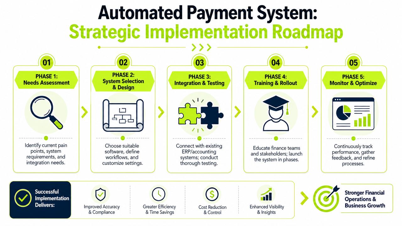 A strategic roadmap for an automated payment system displayed in five progressive phases with icons and descriptions.