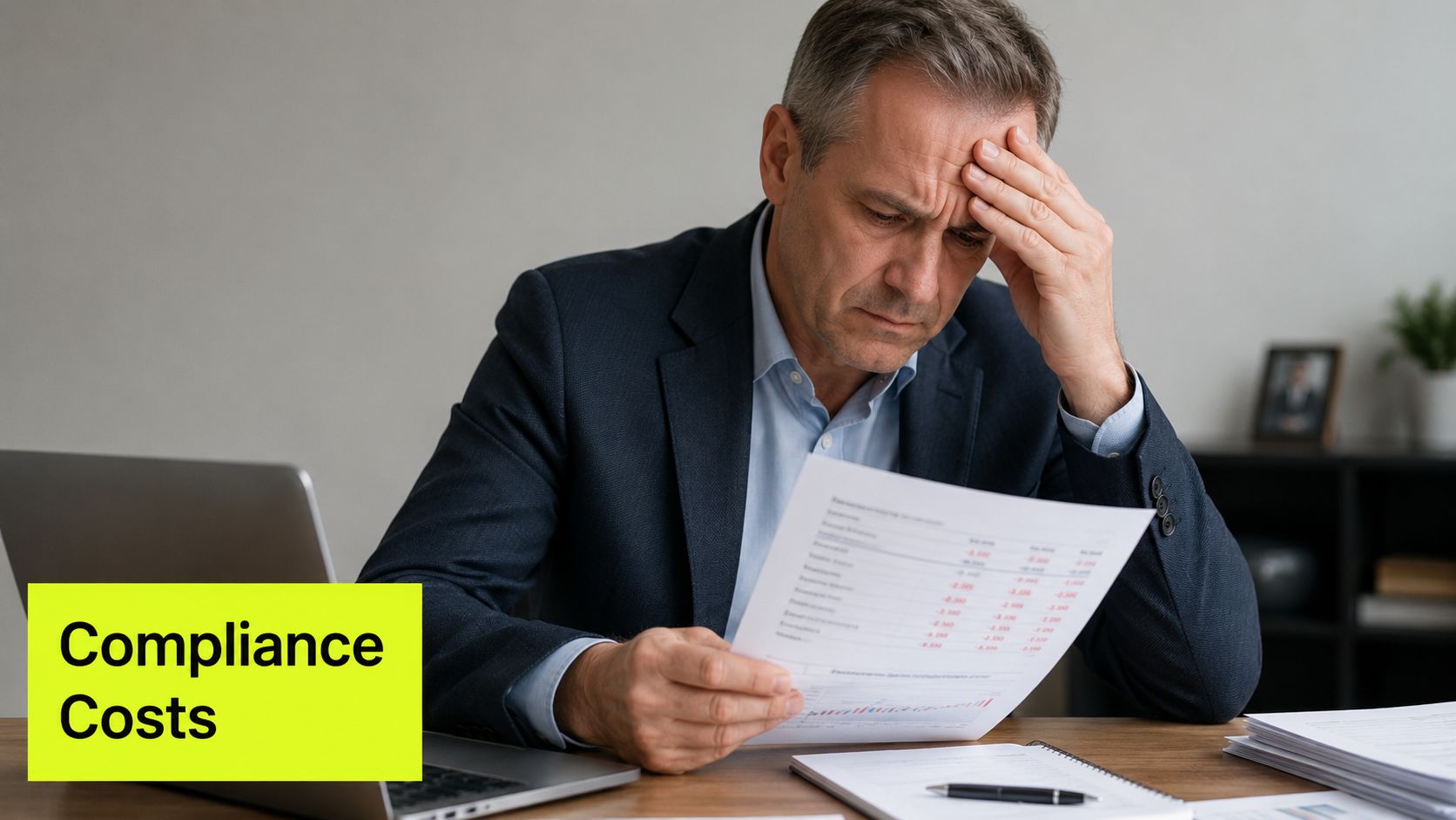 A stressed businessman looking at financial documents with the text Compliance Costs overlaid on the image.