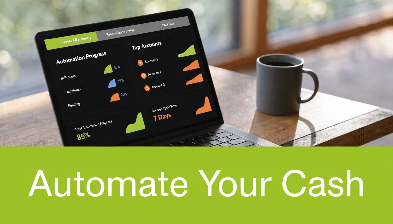 A laptop displays an automated accounts receivable dashboard with a coffee mug sitting on a wooden desk.