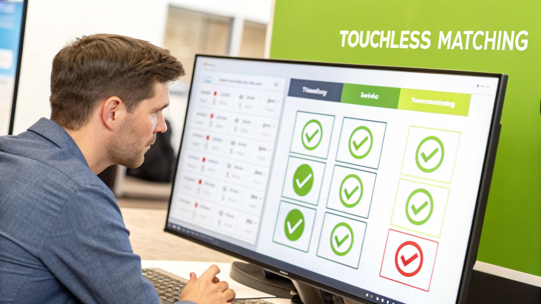 A man intently viewing a computer screen displaying a "Touchless Matching" interface with checkmarks.