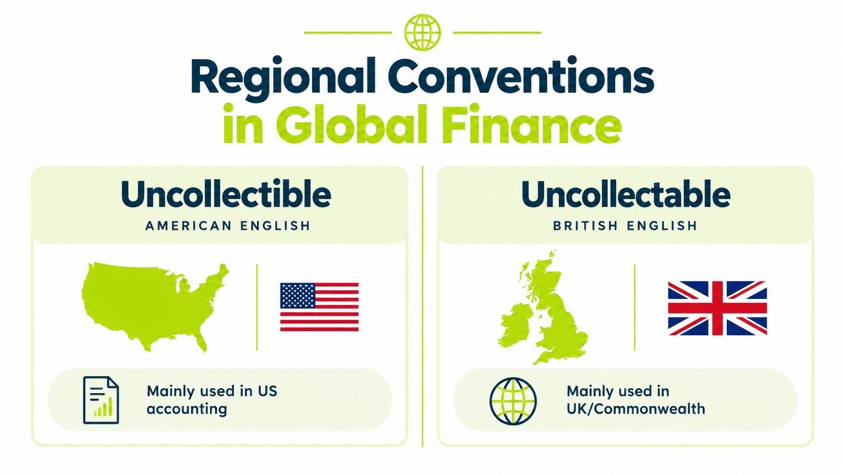 An infographic comparing the regional spellings Uncollectible in American English and Uncollectable in British English for finance.