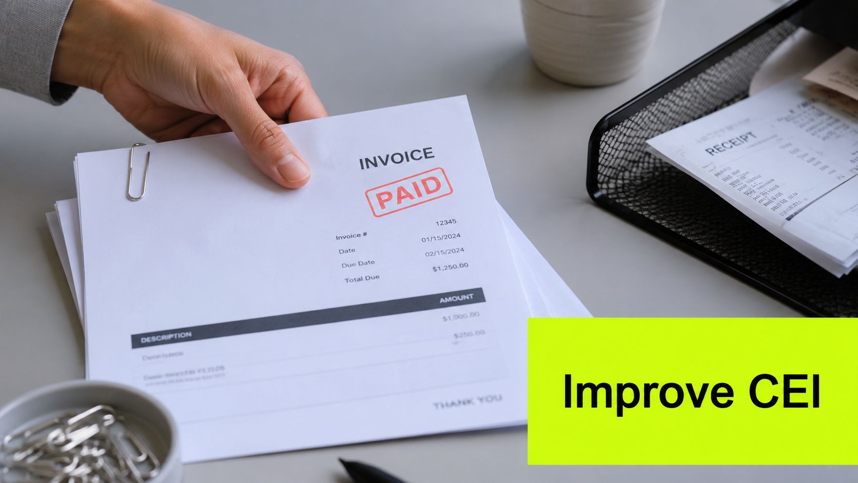 A hand holding a paid invoice document next to a desk with receipts and paper clips.