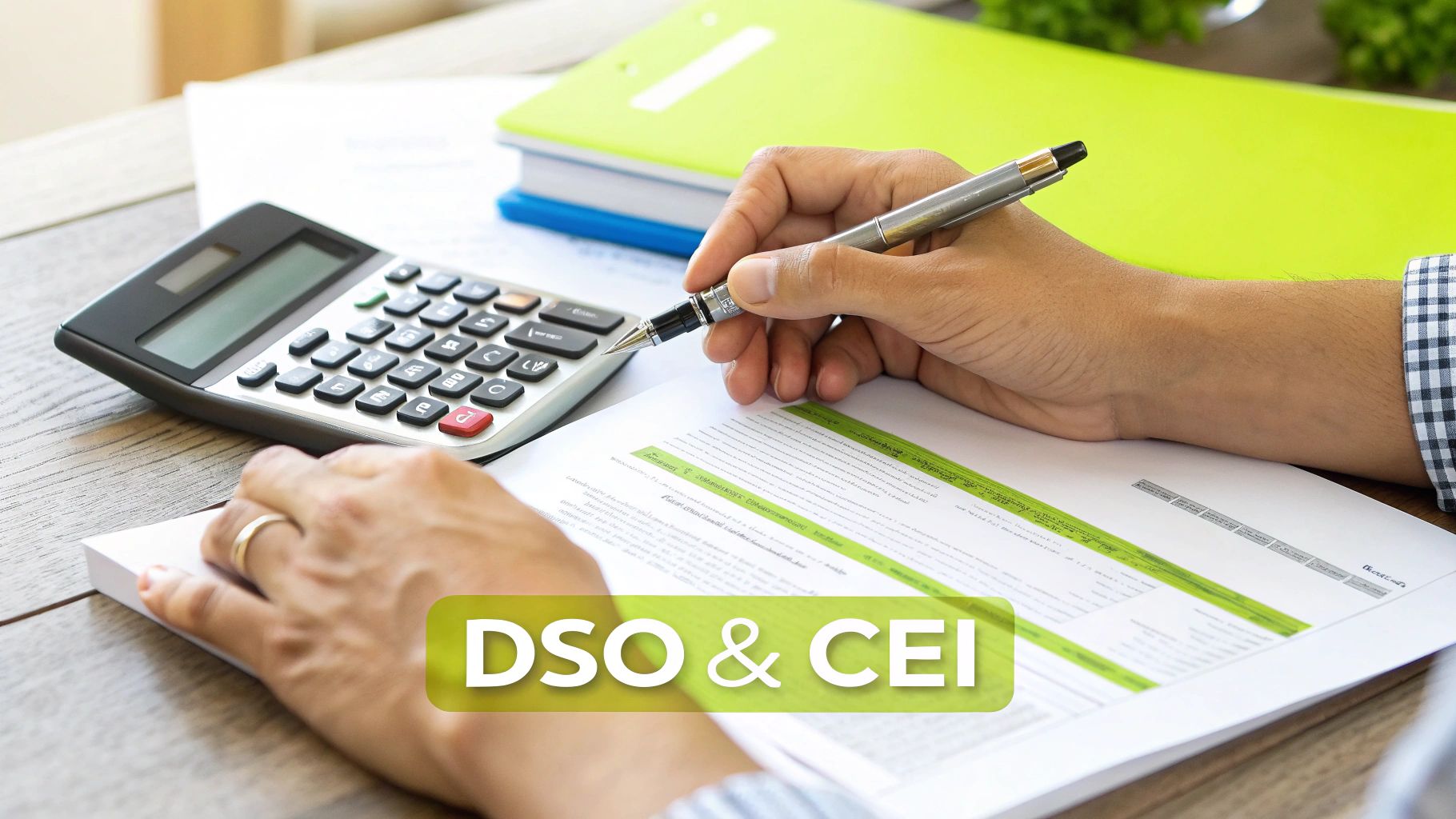 Close-up of hands writing on a business document with a pen, a calculator, and folders nearby, displaying 'DSO & CEI'.