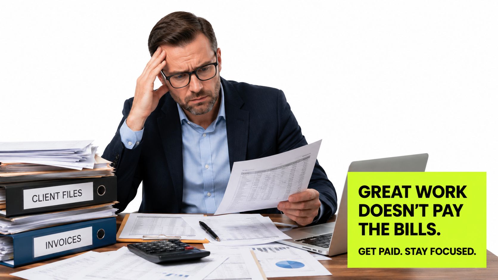 A stressed businessman analyzing financial documents and invoices while sitting at his cluttered office desk.