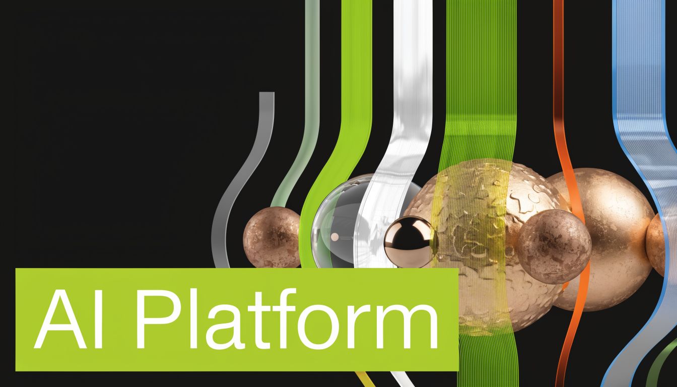 A modern, abstract digital graphic featuring floating metallic spheres and colorful vertical ribbons labeled AI Platform.