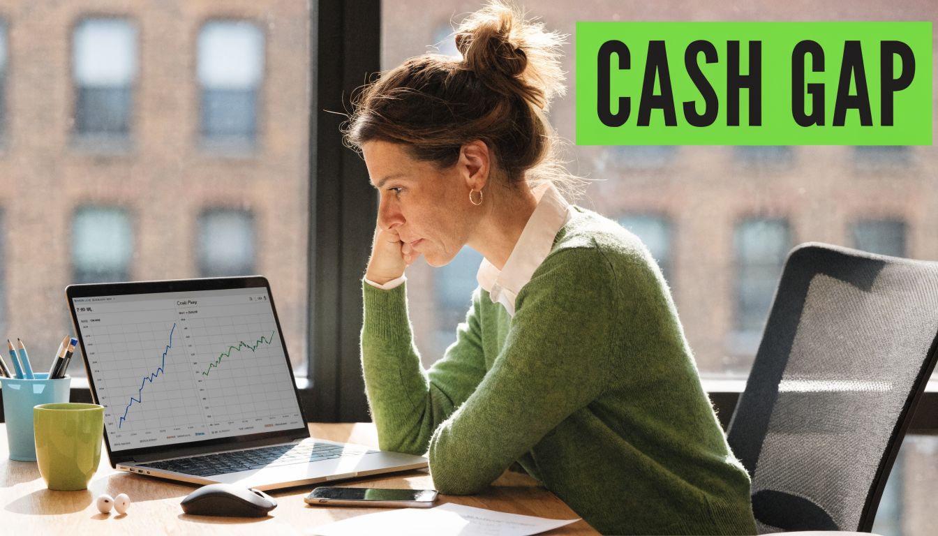 A businesswoman appearing stressed while looking at financial charts on her laptop screen in an office.