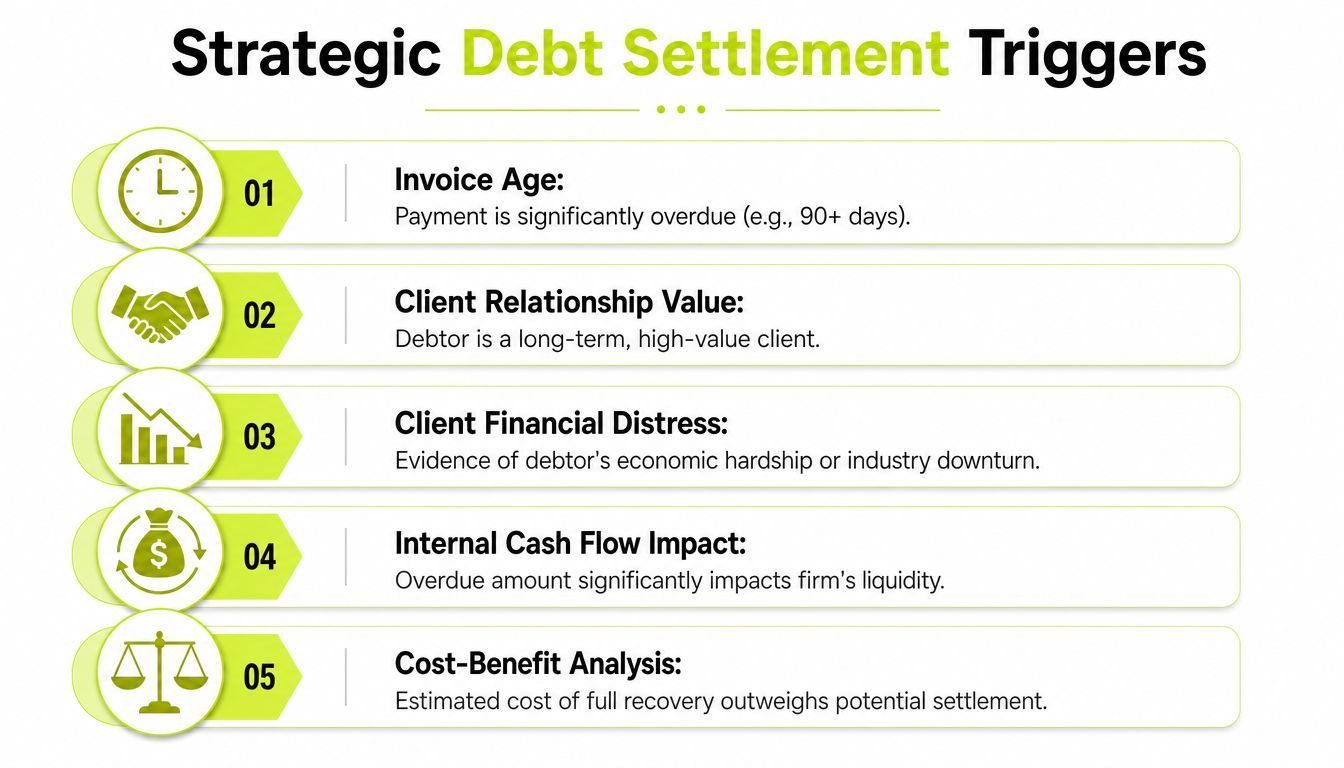 An infographic detailing five strategic debt settlement triggers including invoice age, client relationships, and financial analysis factors.