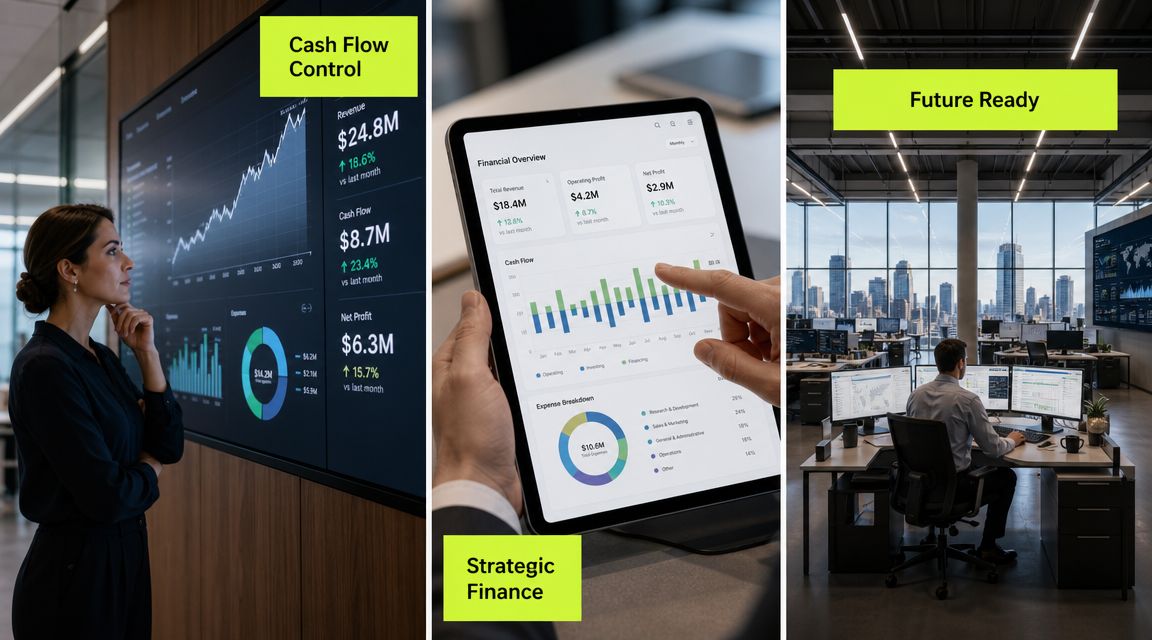 A professional split-screen image highlighting financial dashboard software for cash flow, strategic finance, and business planning.