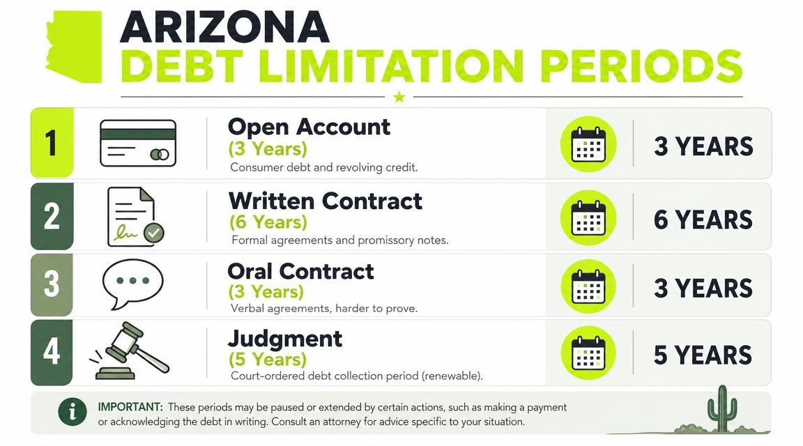 A chart showing debt limitation periods in Arizona for open accounts, written contracts, oral contracts, and judgments.