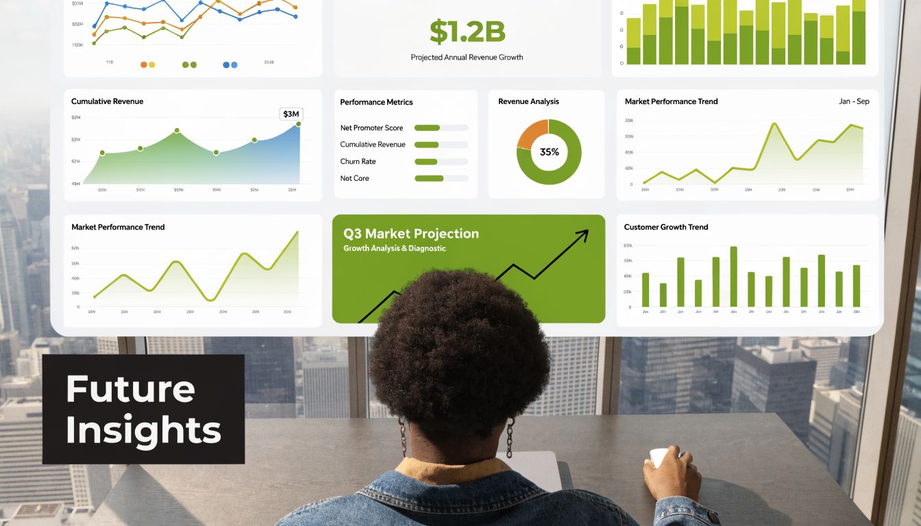 A professional analyzing business growth data and financial metrics on a large digital dashboard display screen.