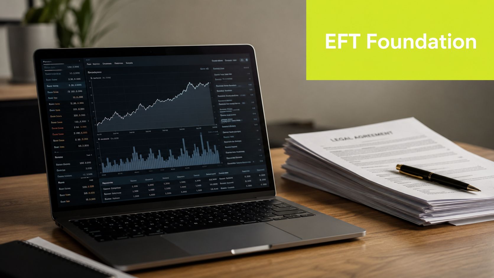 A laptop displaying financial charts next to a stack of legal documents on a wooden desk.