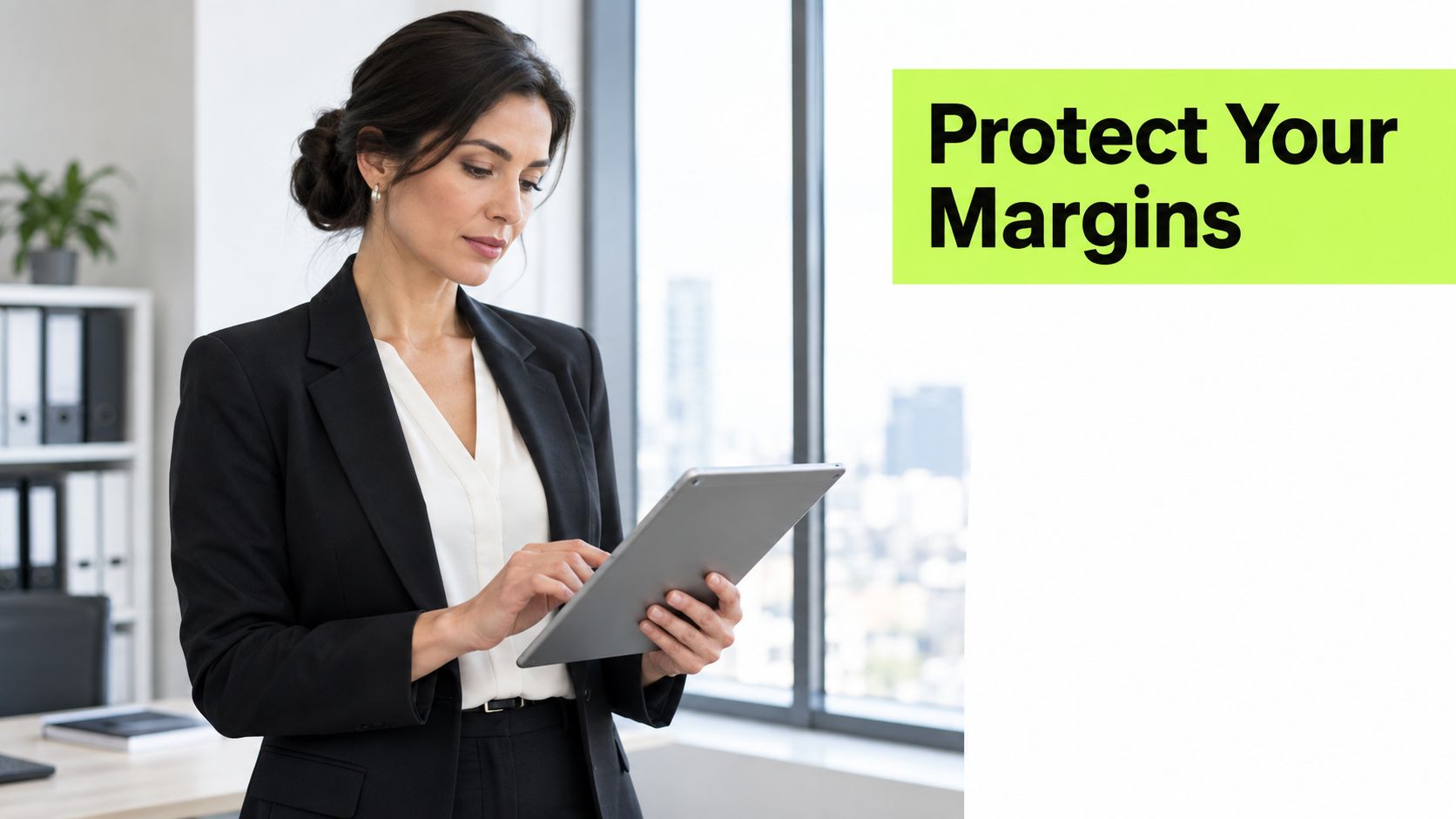 A professional woman in a business suit holding a digital tablet in a modern office environment.
