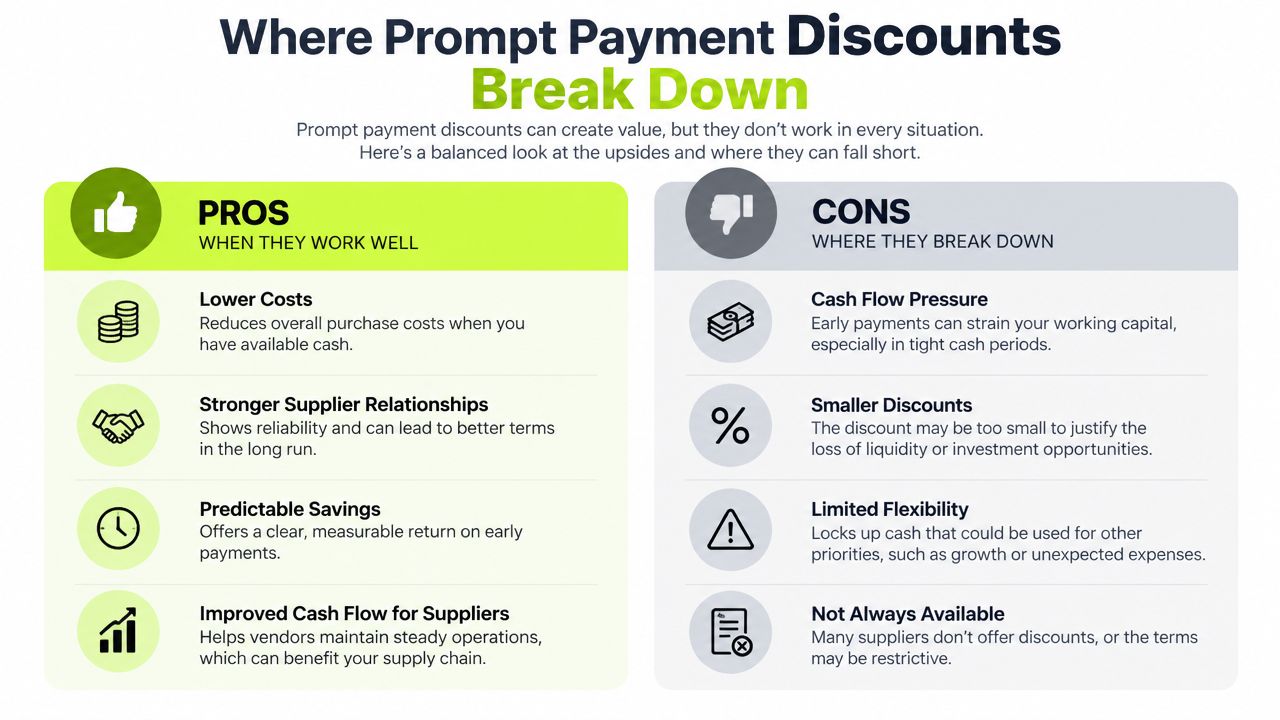 An infographic comparing the pros and cons of prompt payment discounts for businesses in a clear layout.