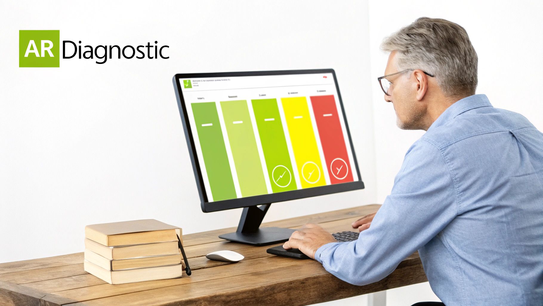 A man reviews a diagnostic report on a computer screen with colored bars, beside books on a desk.