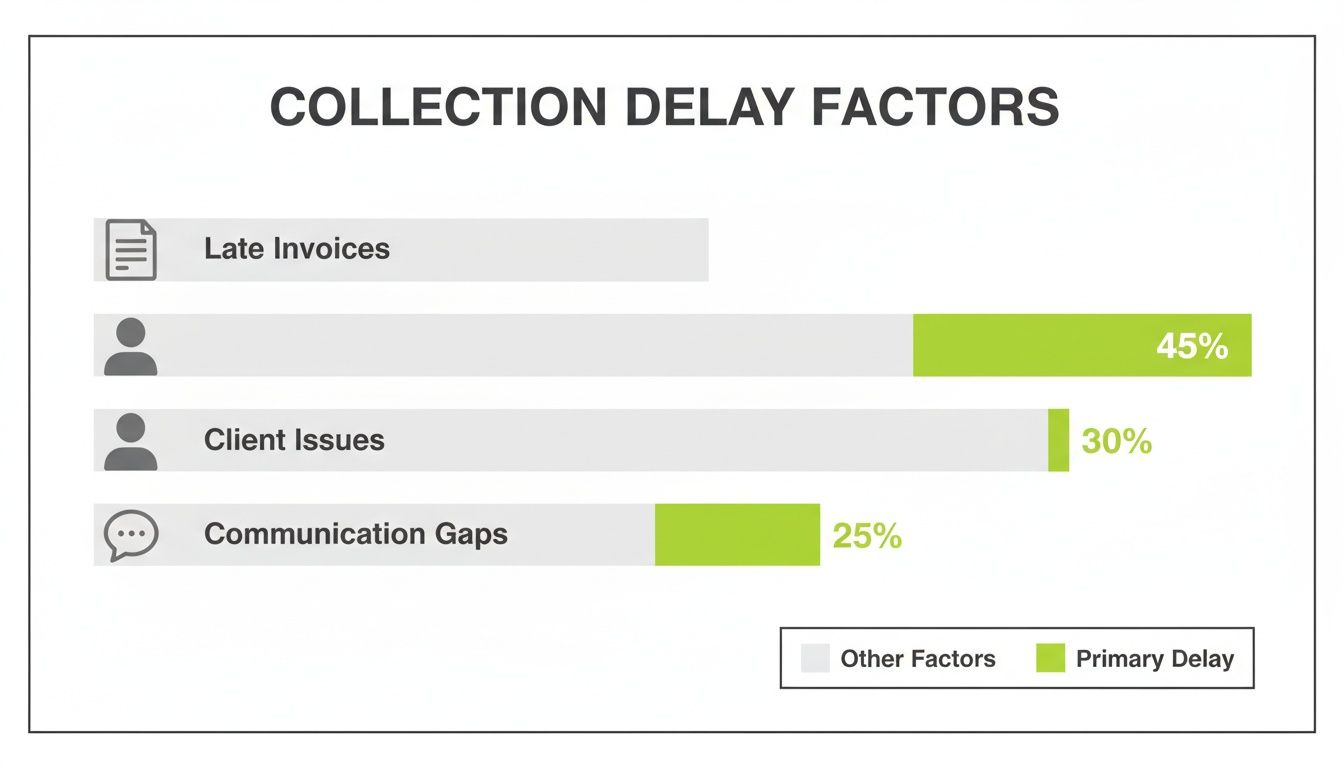 Bar chart showing primary collection delay factors: 45% unnamed, 30% client issues, 25% communication gaps.