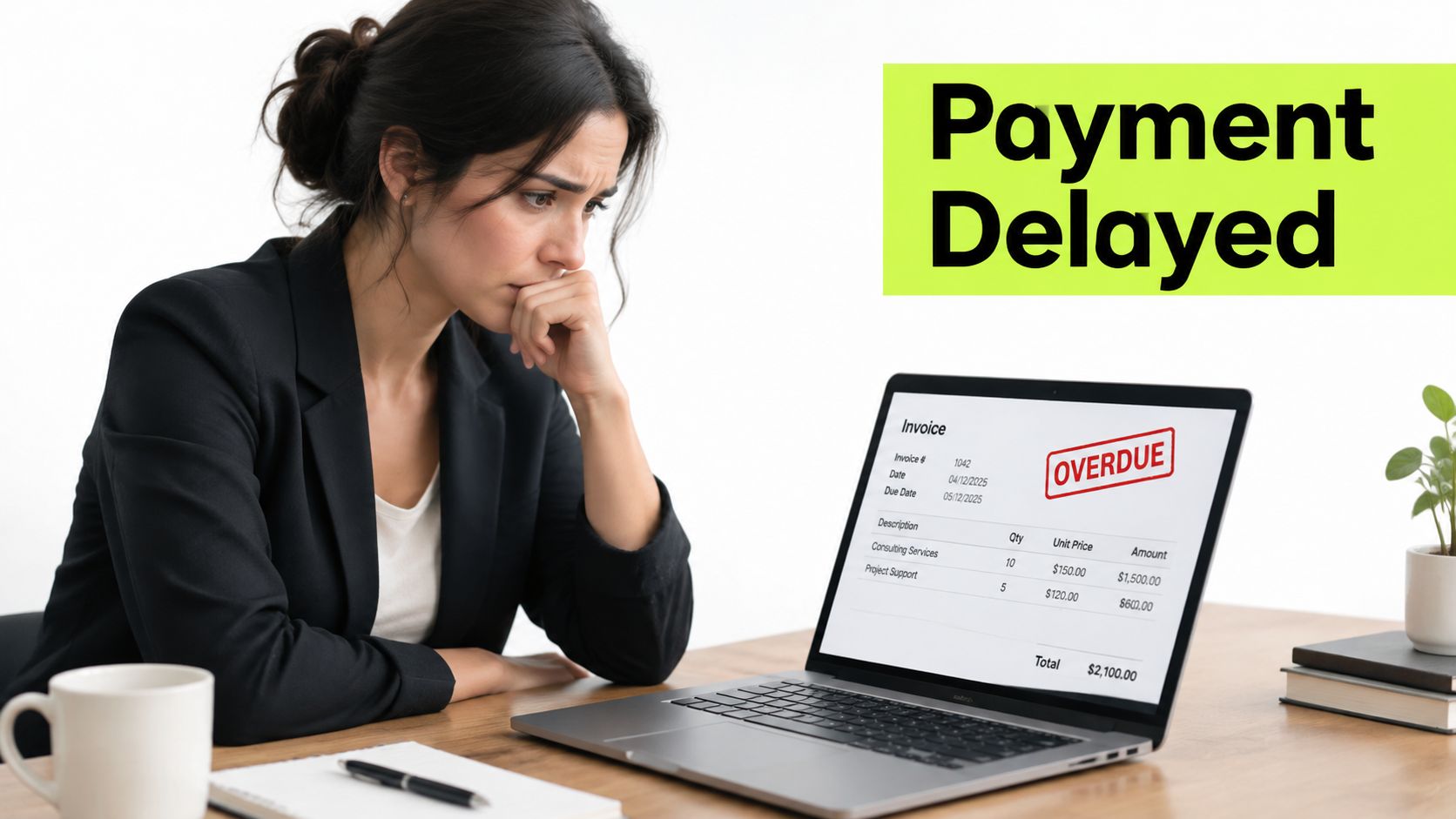 A concerned woman sits at a desk looking at a laptop screen displaying an overdue invoice.