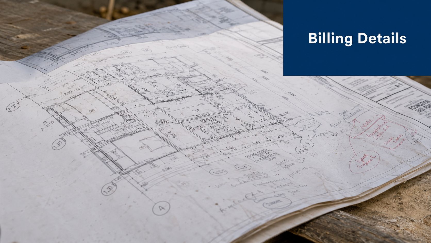 A detailed architectural blueprint of a building foundation lying on a wooden construction site surface.