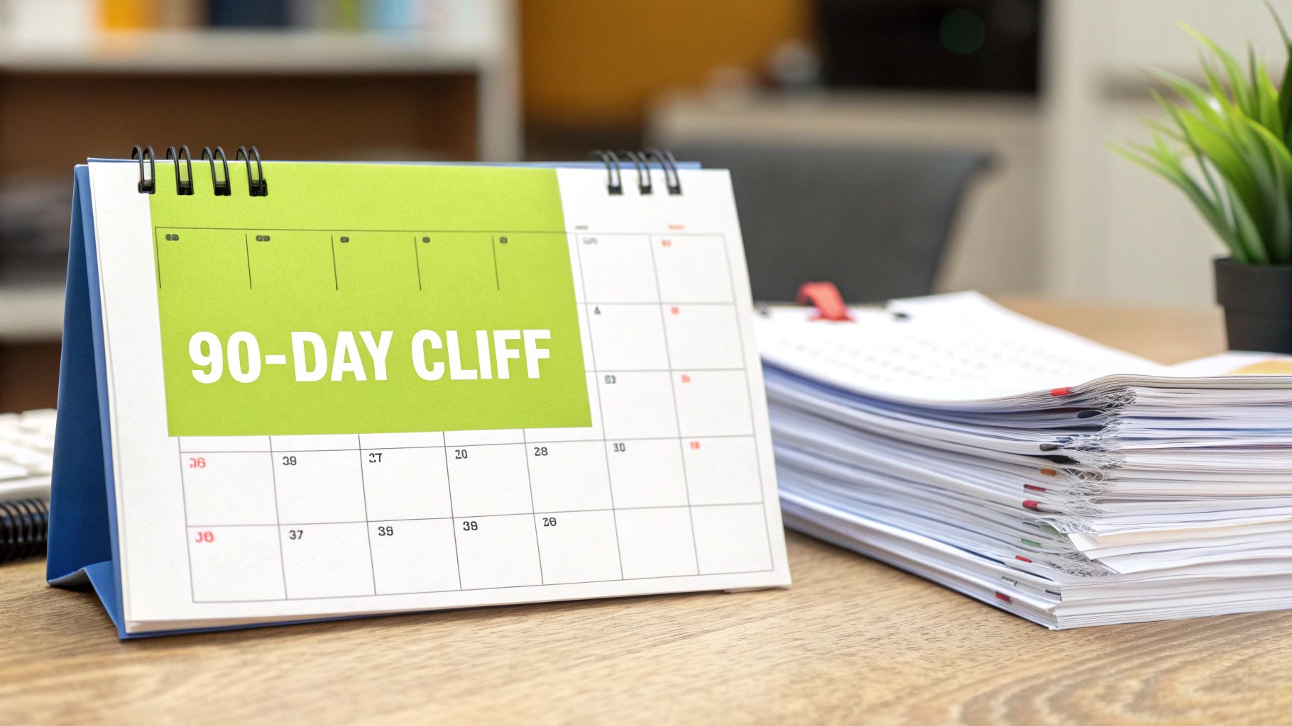 A desk calendar prominently displays "90-DAY CLIFF" on a green highlight, next to a stack of documents.