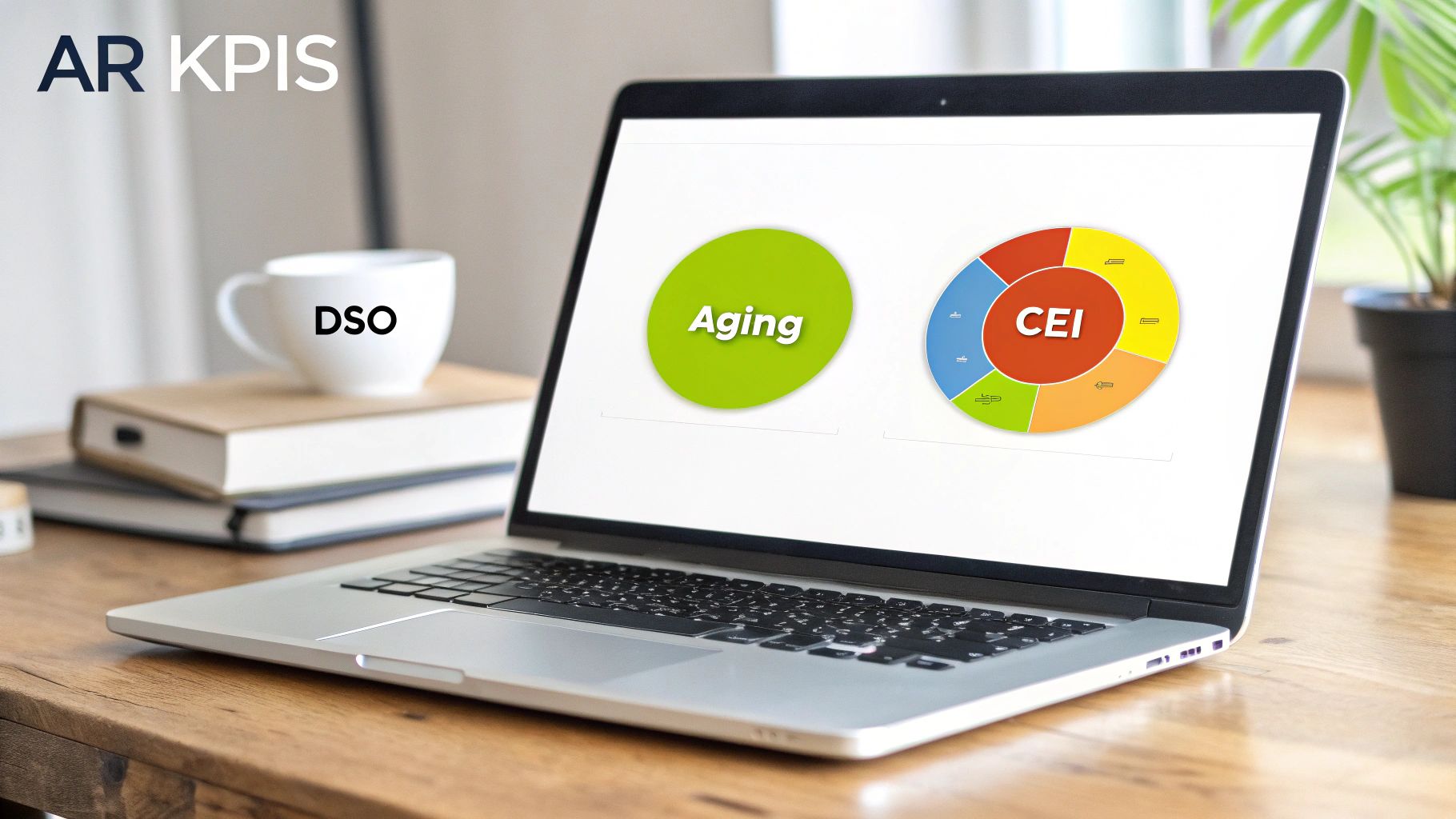 A professional dashboard showing AR KPIs like DSO, Aged Receivables, and CEI.