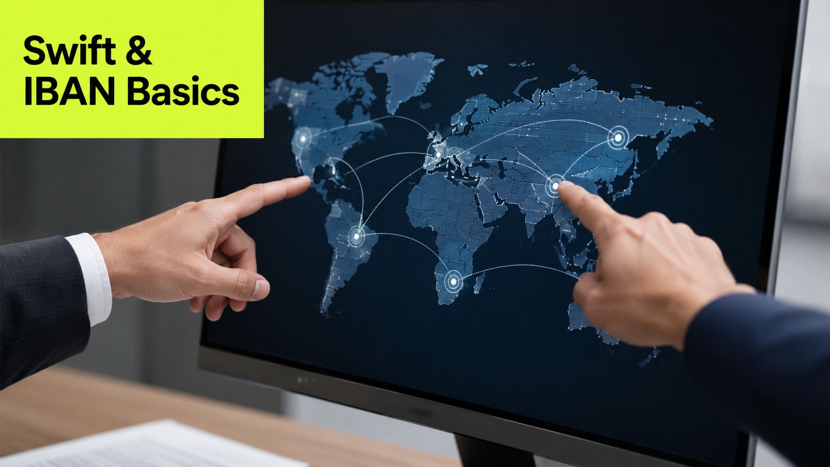 A professional gesturing towards a digital map on a monitor showing global network connections.