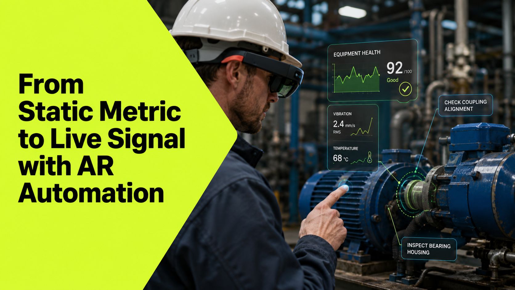 A worker wearing AR glasses inspecting industrial machinery with digital health metrics overlaid in an augmented reality interface.