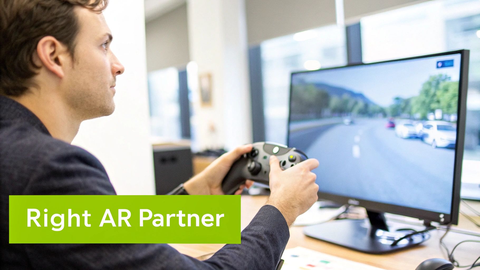 A Controller confidently reviews a clean AR dashboard in a calm, organized office.