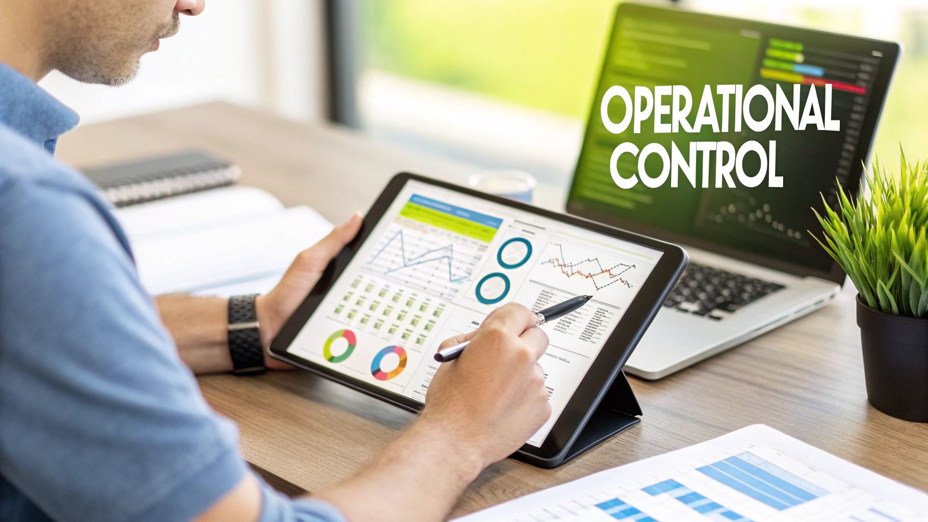 A person reviews business data and charts on a tablet, with a laptop displaying 'OPERATIONAL CONTROL'.