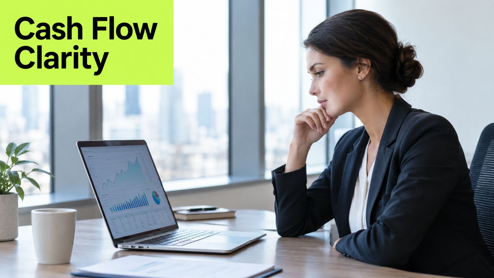 A professional businesswoman analyzing financial data charts on her laptop in a modern, light-filled office setting.