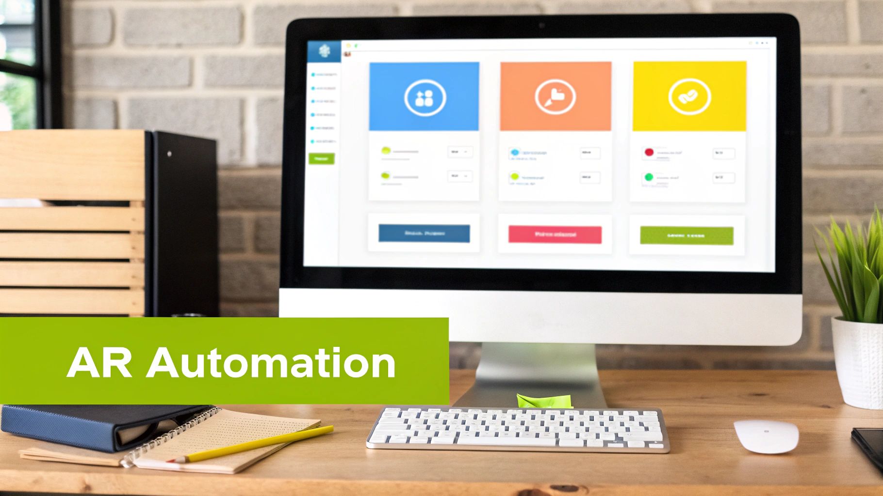 AR automation software dashboard displaying accounts receivable management tools and colorful workflow cards on desktop computer
