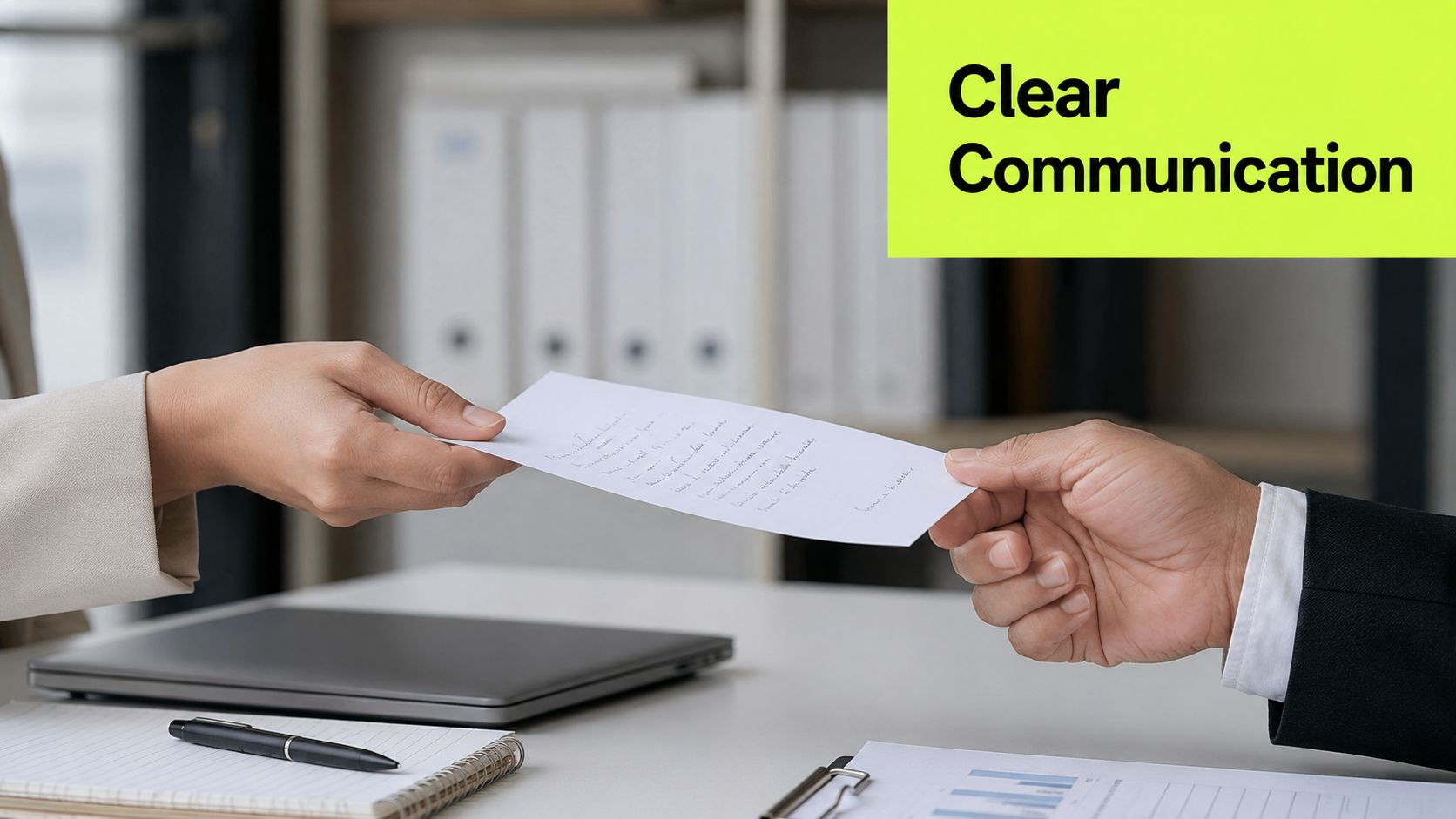 A professional hand-off of a formal business document in an office setting with text overlay.