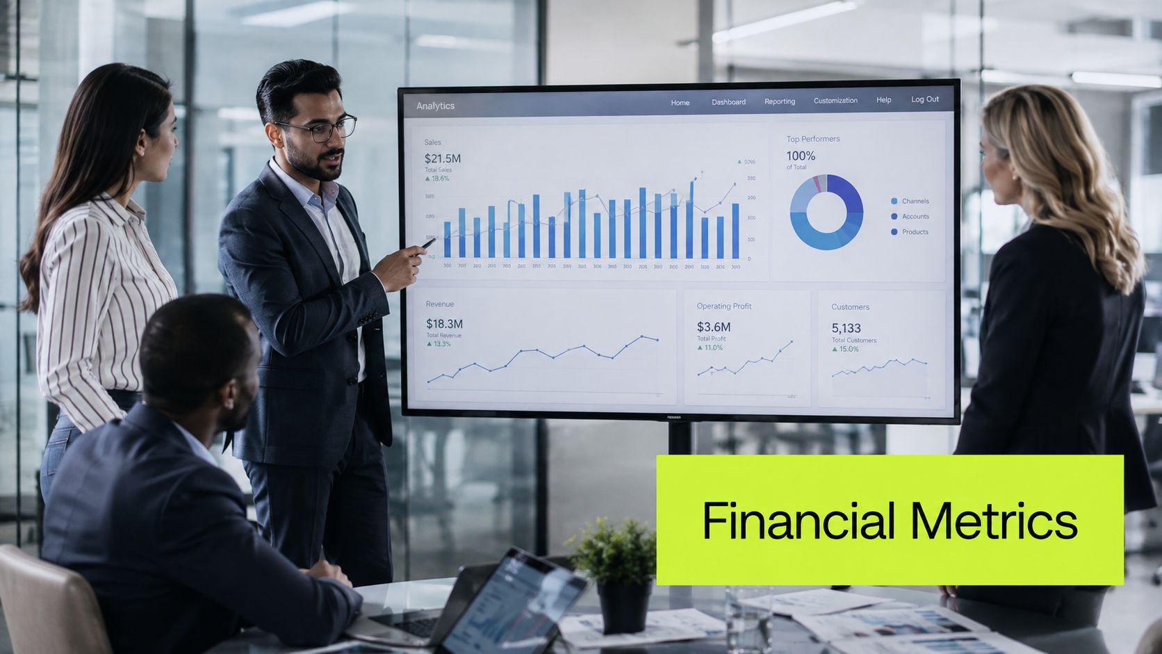 A professional team discussing business data and financial performance metrics during a meeting in a modern office.