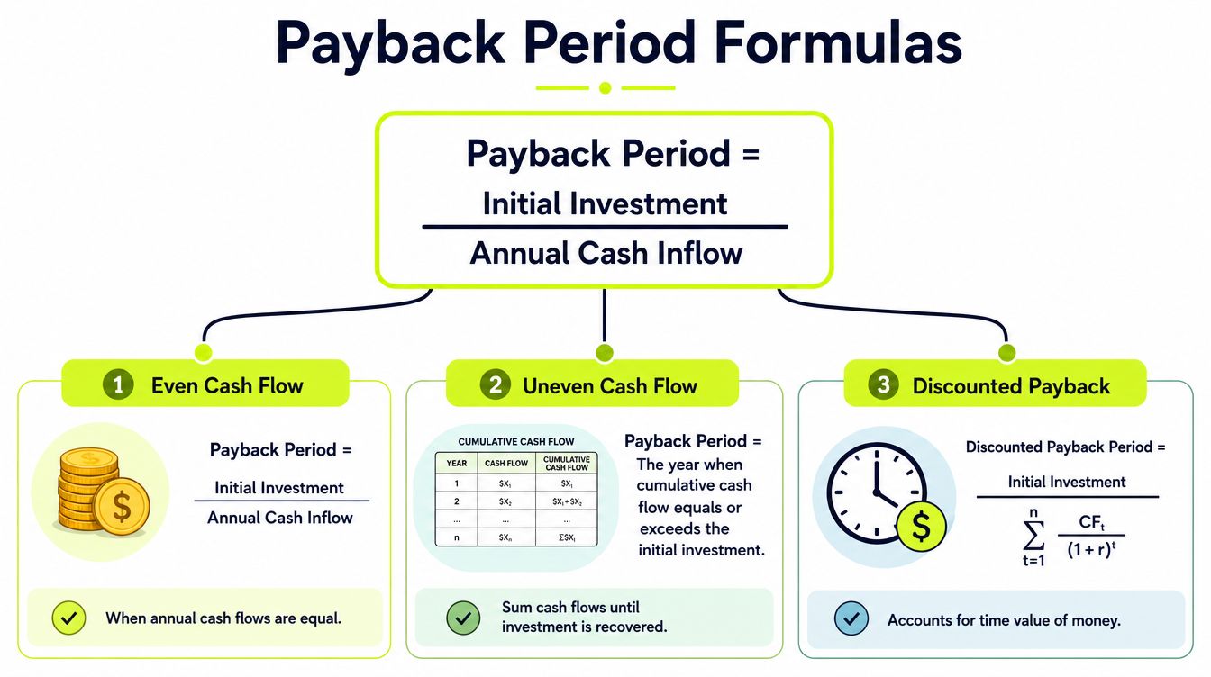 A diagram explaining three different methods for calculating the payback period in financial investment analysis.
