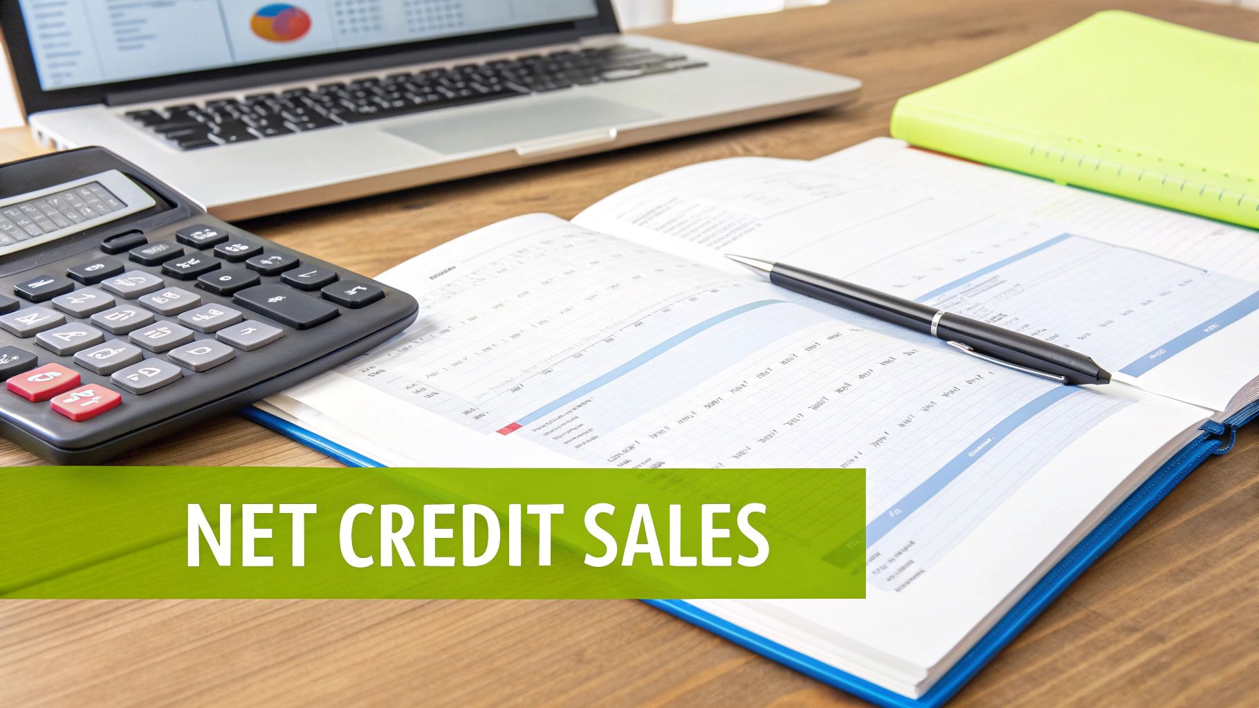A desk with a calculator, laptop, open financial document, and a pen, with 'NET CREDIT SALES' text overlay.