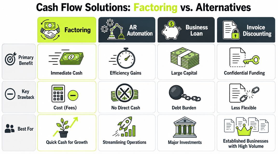 A comparison chart outlining the pros and cons of factoring versus other cash flow management solutions for businesses.