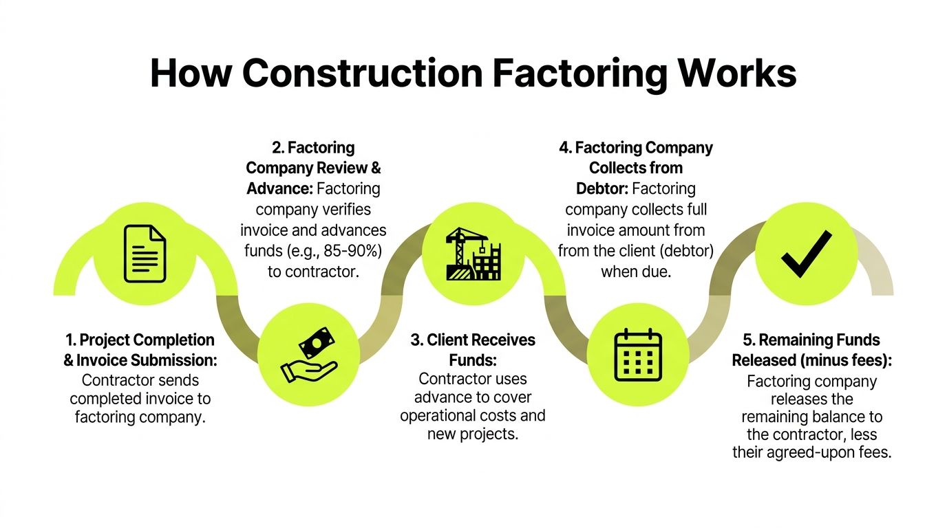 A five-step infographic showing how construction invoice factoring works for contractors to manage their cash flow.