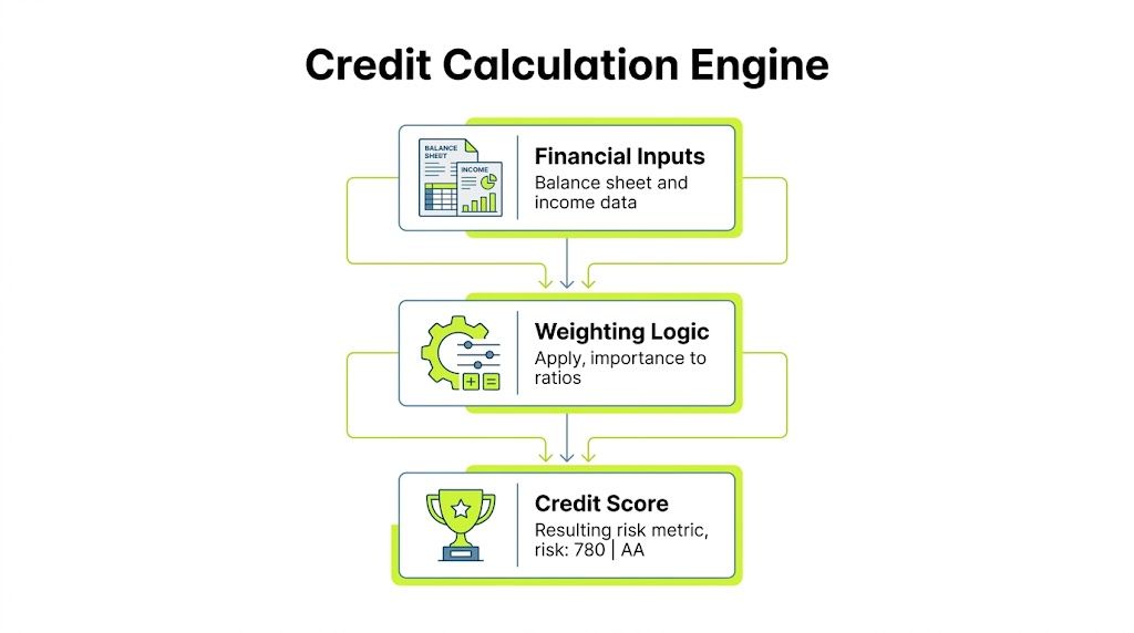 A diagram representing a Credit Calculation Engine, showing the process from financial inputs to credit score output.