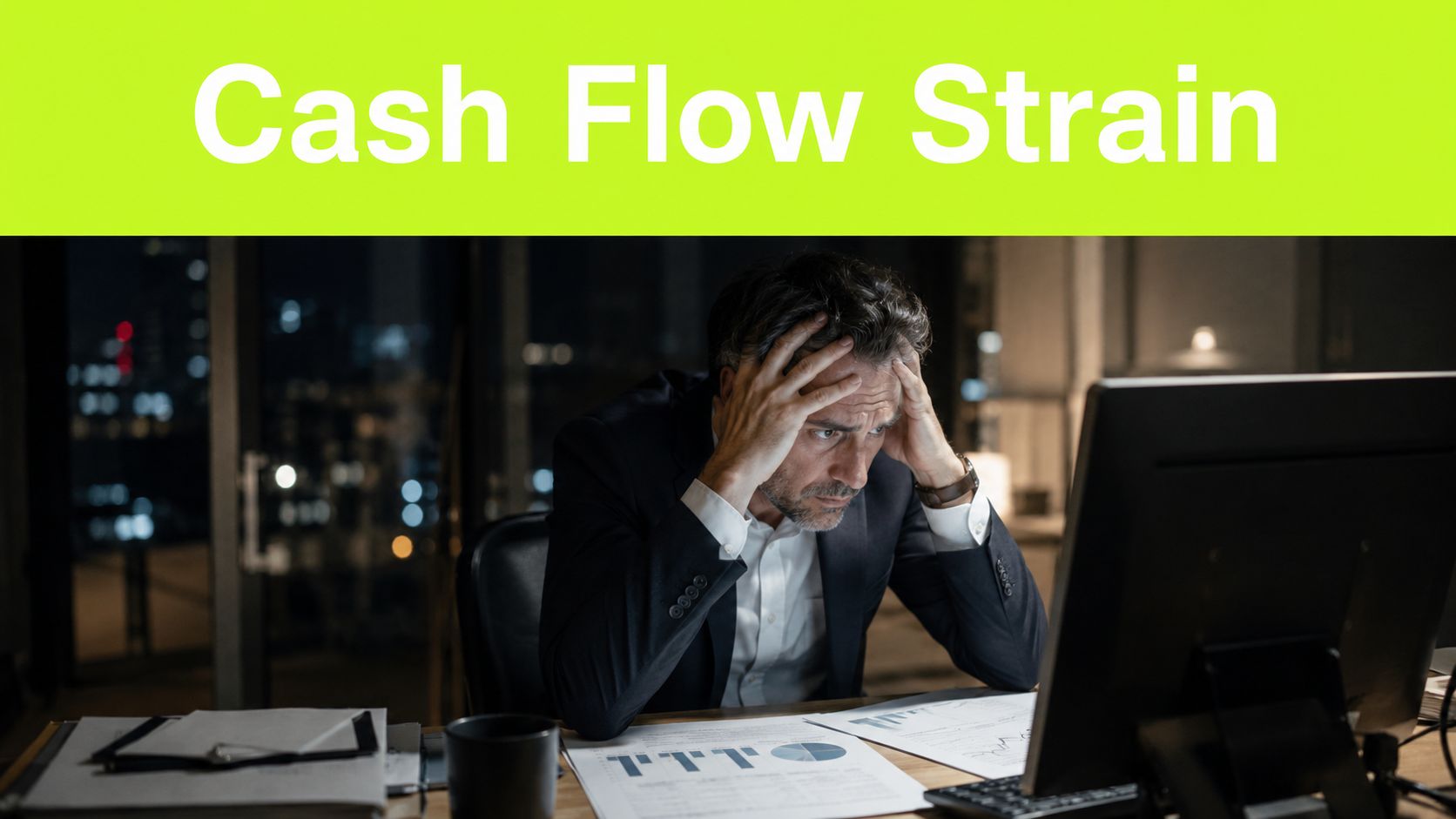 A stressed businessman sitting at his desk late at night looking at financial reports on a computer.
