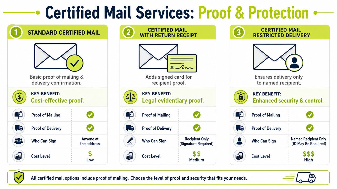 A chart detailing the three types of USPS certified mail services, their key benefits, and their costs.