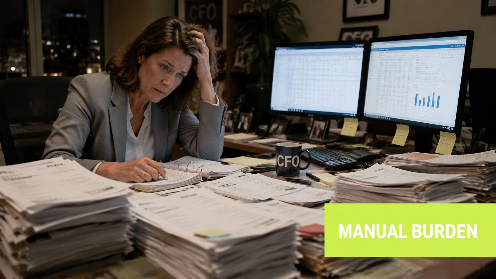 A stressed female accountant sitting at her desk surrounded by large piles of paperwork and computer monitors.
