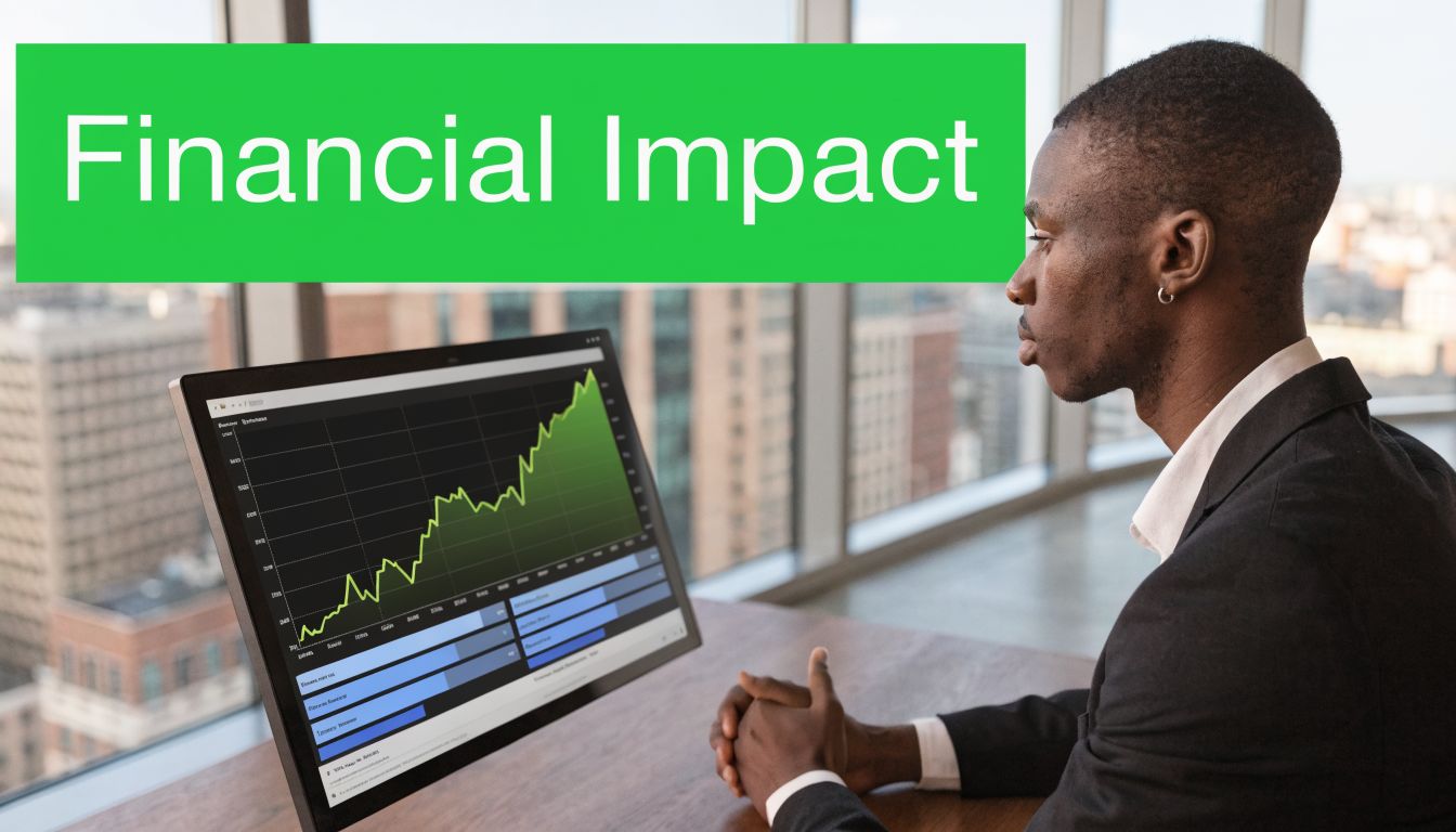 A professional man in a suit looking at a rising financial growth chart on a computer monitor.