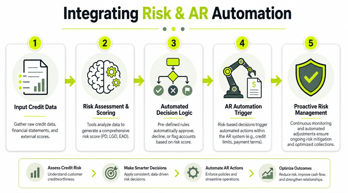 A five-step infographic showing the integration process of risk management and automated accounts receivable processes.